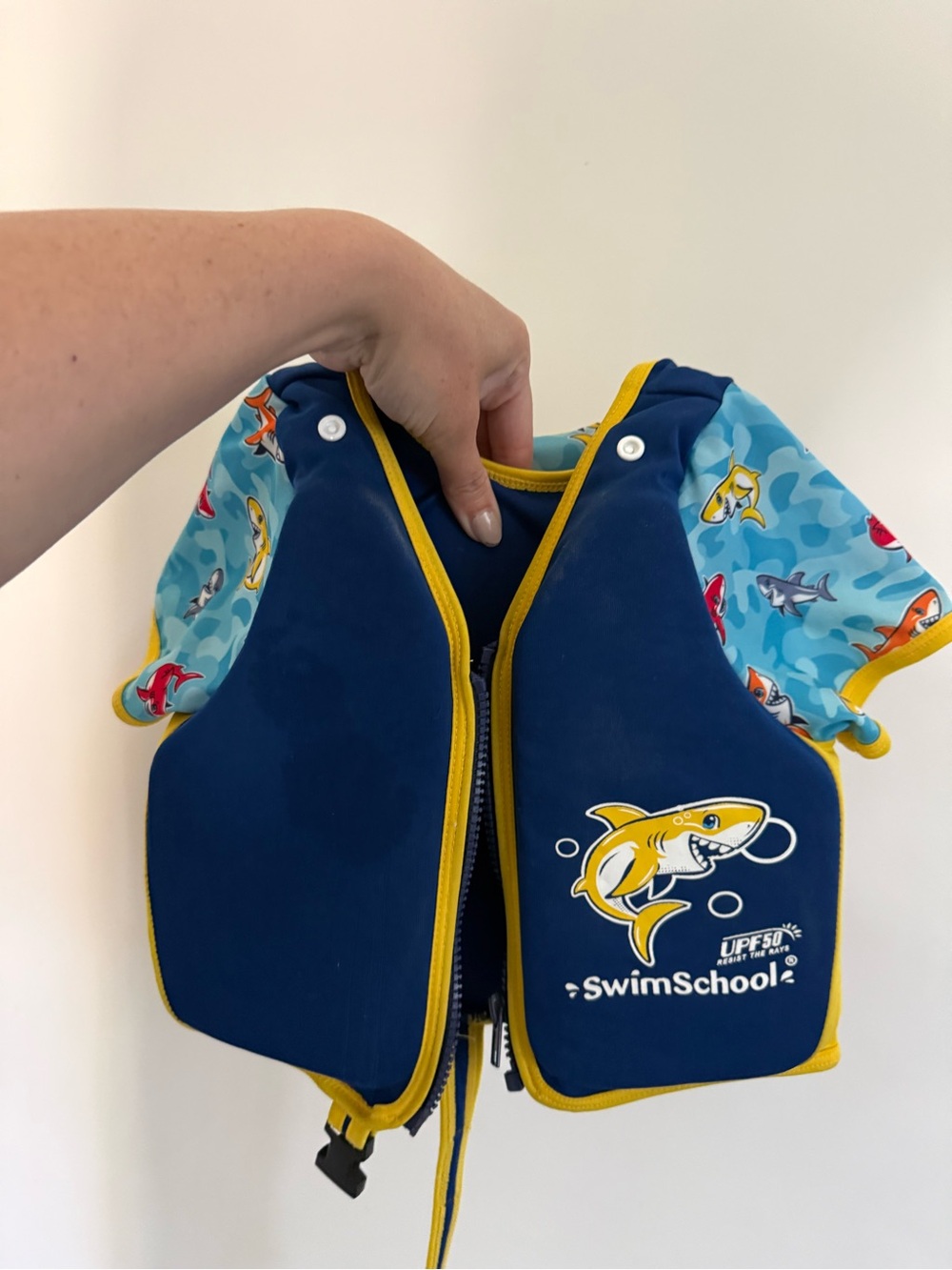 UPF SwimSchool Kids' Shark Print Swim Vest - Navy & Aqua up to 33lbs life jacket